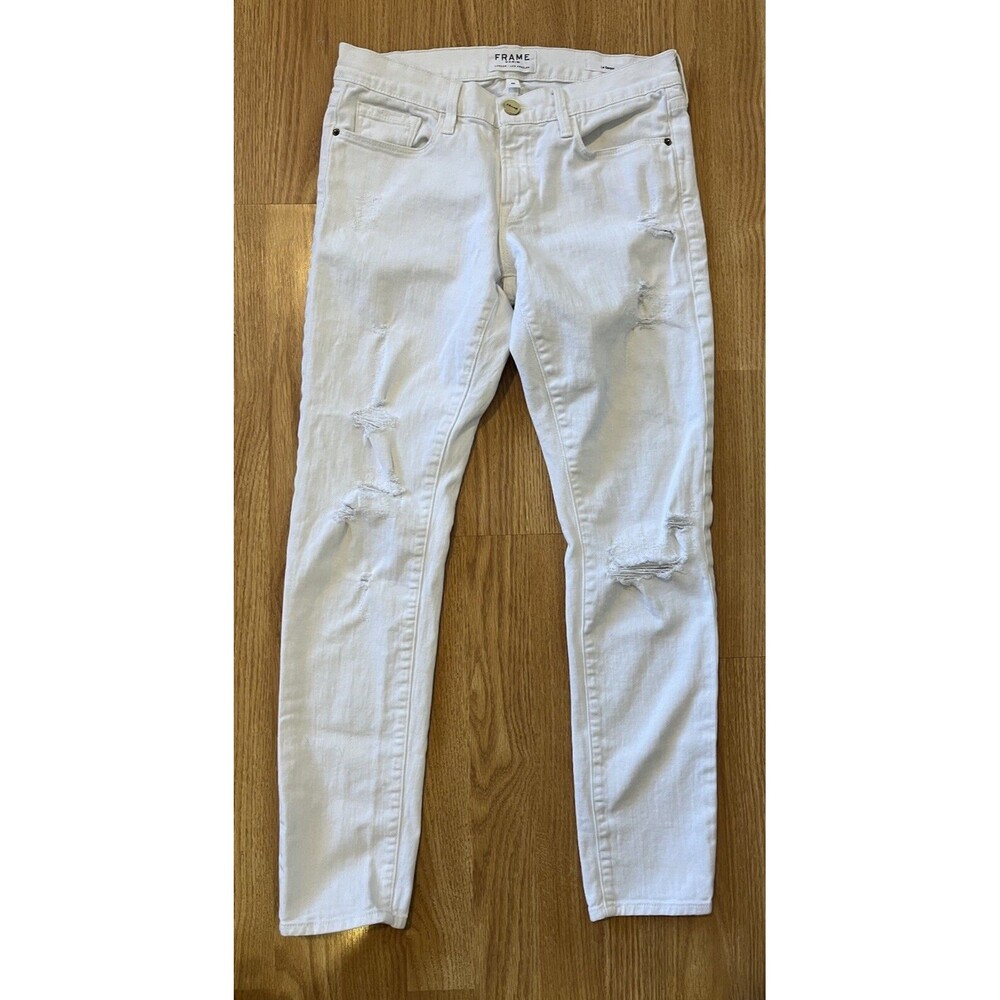 Frame White Distressed Le Garcon Mid Rise Straight Leg Jeans Size 25